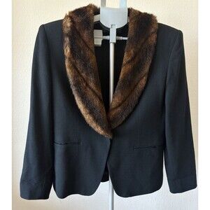VTG Lauren Ralph Lauren Blazer Coat Worsted Wool Black Lined Faux Fur Collar Sz8